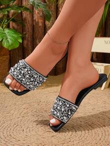 Giày sandal đế bằng màu trơn thời trang mới nhất, kiểu dáng bất đối xứng, thanh lịch, thích hợp đi biển, dự tiệc cưới, công sở, mùa xuân/hè cho nữ. - màu đen - Xem 5