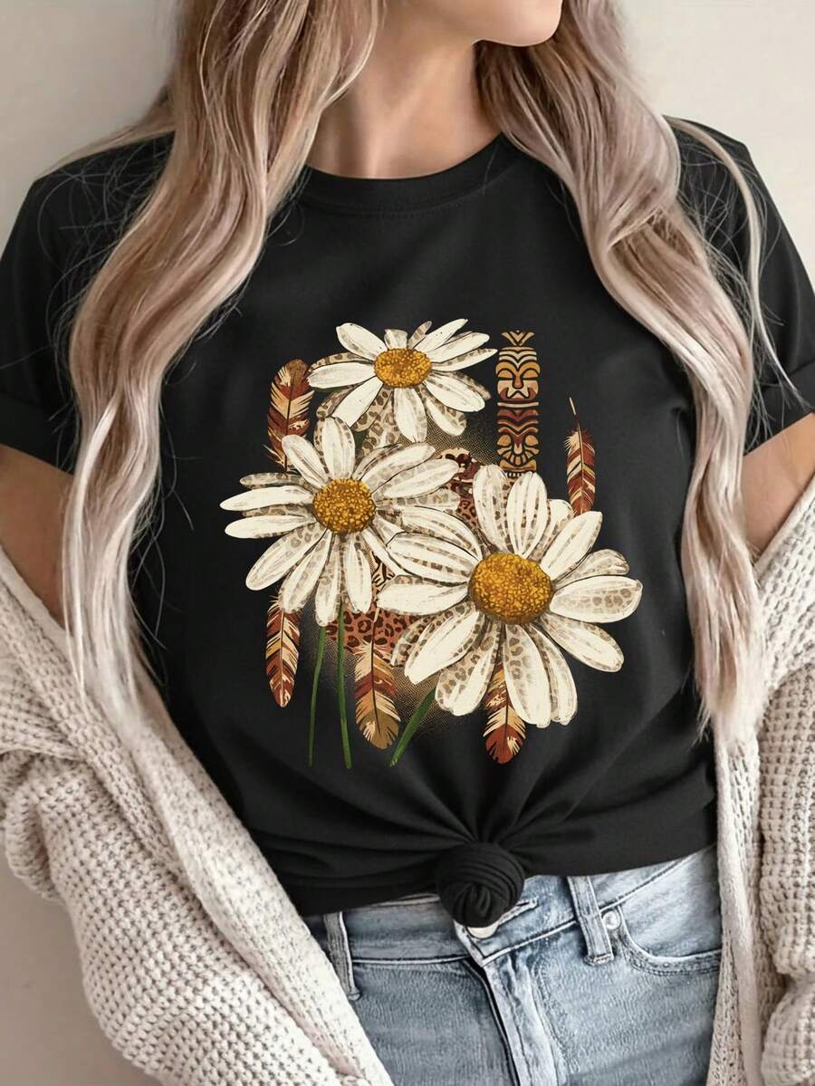 Women's Casual Sports T-Shirt, Women's T-Shirt, Sports And Fitness, Casual Outings, College Party With Daisy Design. - 黑色 - 查看 1