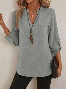 Blusa casual de mujer de unicolor y cuello con muesca, de manga 3/4, versátil y adecuada para uso en la oficina en otoño/invierno, casual - Gris Claro - Ver 4