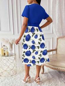 Vestido de mujer con cuello en V y cinturón, manga corta, vestido largo de verano para mujer - Azul - Ver 2