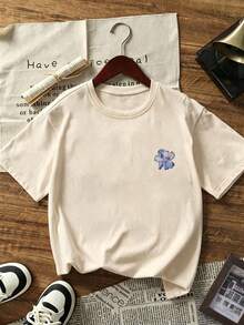 Women's Round Neck Short Sleeve T-Shirts,  Printed Tee, Casual Basic Tops - 杏色 - 查看 2