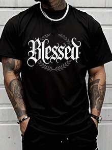 Camiseta Casual de Moda para Hombre con Diseño de Letras Bendecidas y Corona para Estilo Urbano - Negro - Ver 6