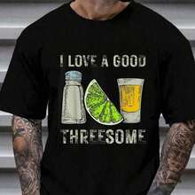 100% Cotton T-Shirt With Funny 'I Love A Good Threesome' Tequila Barman Print For Men And Women, Fashionable Casual Short Sleeve Graphic Tee - 黑色 - 查看 9