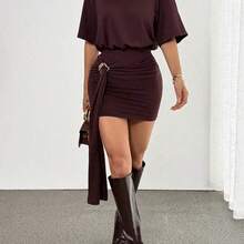 PETITE Vestido camiseta con detalle de anillo de drapeado, falda ajustada, hombros cuadrados, corte holgado, estilo urbano, lindo, elegante, casual, sexy, para salir, otoño, Navidad, Acción de Gracias, elegante - Marrón - Ver 6