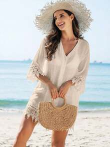 Blusa Tipo Kimono De Encaje Para Mujer Para Boda - Albaricoque - Ver 6