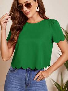 Blusa con mangas abullonadas, recorte ondulado y escote en la espalda, Blusas de manga corta - Verde - Ver 6