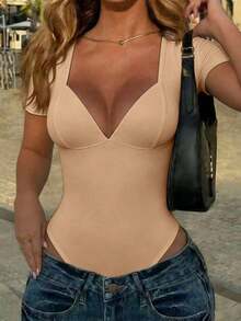 Nuevo lanzamiento de verano 2026: Mono de cuello en V profundo y cuello cuadrado de manga corta, elegante, estilizador, top de base que define la cintura, sexy y versátil para mujeres - Albaricoque - Ver 3