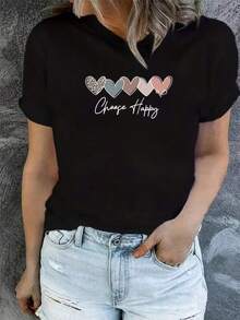 1 Piece Unisex Loose Fit T-Shirt 180g 100% Pure Cotton, Unique Choose Happy T-Shirt With Heart Design Fashion Y2K Ideal To Show Your Style And Positivity Perfect For Any Occasion In Mexico. Ideal For Daily Wear, Festivals, Concerts And All Seasons - 黑色 - 查看 1