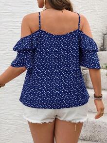 Camiseta romántica con volantes y escote descubierto de corazoncitos para vacaciones, talla grande.Ideal para fiesta casual, picnic o San Valentín. - azul real 2 - Ver 2