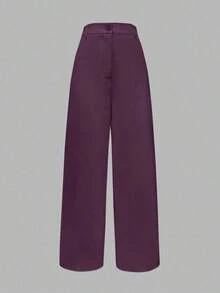Pantalones acampanados de cintura alta con bolsillos de unicolor, de ajuste holgado, para mujer, para primavera y otoño - Morado - Ver 2