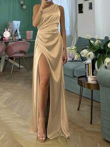 Vestido de verano para mujer , color vino tinto, vestido de fiesta con un hombro, fruncido elástico y abertura, adecuado para el Día de San Valentín, citas, reuniones, fiestas, viajes, vacaciones, playa y otras ocasiones - Champán - Ver 2
