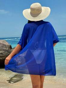 Swim  Kimono largo informal para cubrir con mangas murciélago de unicolor para mujer en vacaciones - Azul - Ver 2