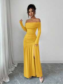 Vestido de punto ajustado de manga larga con hombros descubiertos, elegante y vintage, adecuado para otoño/invierno, Halloween - Amarillo - Ver 4