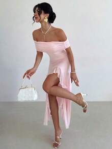 Vestido ajustado con volantes y hombros descubiertos de unicolor elegante para mujer, vestido de mujer en degradado de color rosa - Rosa - Ver 5