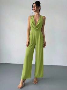s anchos de pierna blanca con cintura ceñida, escote profundo en V y espalda descubierta, elegantes y modernos, apropiados para ir al trabajo, citas románticas, fiestas sexys, vacaciones en la playa, festivales, San Valentín, temporada de - Verde - Ver 6