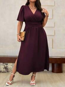 Vestido maxi de verano para mujer talla grande, de manga corta con volantes y cuello en V de un solo color - Granada - Ver 6