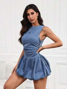 Vestido de mezclilla con volantes y espalda descubierta, elegante y ceñido a la cintura - Azul 2 - Ver 5
