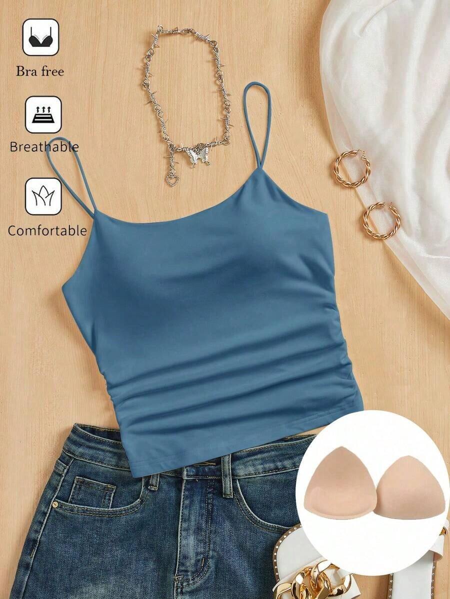 Camiseta ajustada con cuello redondo, almohadilla en el pecho y transpirable.Camisola básica para mujer sin sujetador - Azul - Ver 1