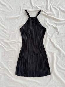 Vestido mini acanalado, de unicolor, ajustado, de cuello halter - Negro - Ver 4
