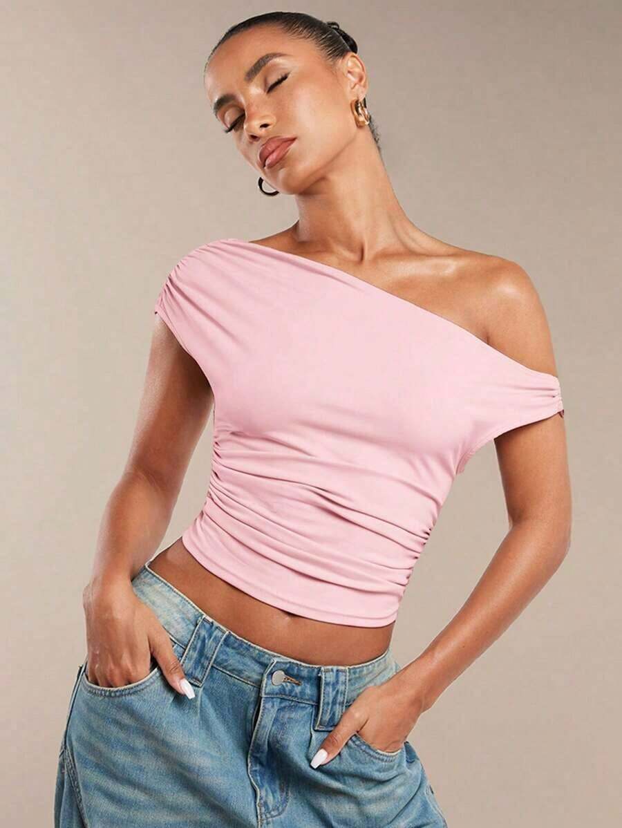 Blusa de verano con hombros asimétricos fruncidos en unicolor para mujer - Rosa coral - Ver 1
