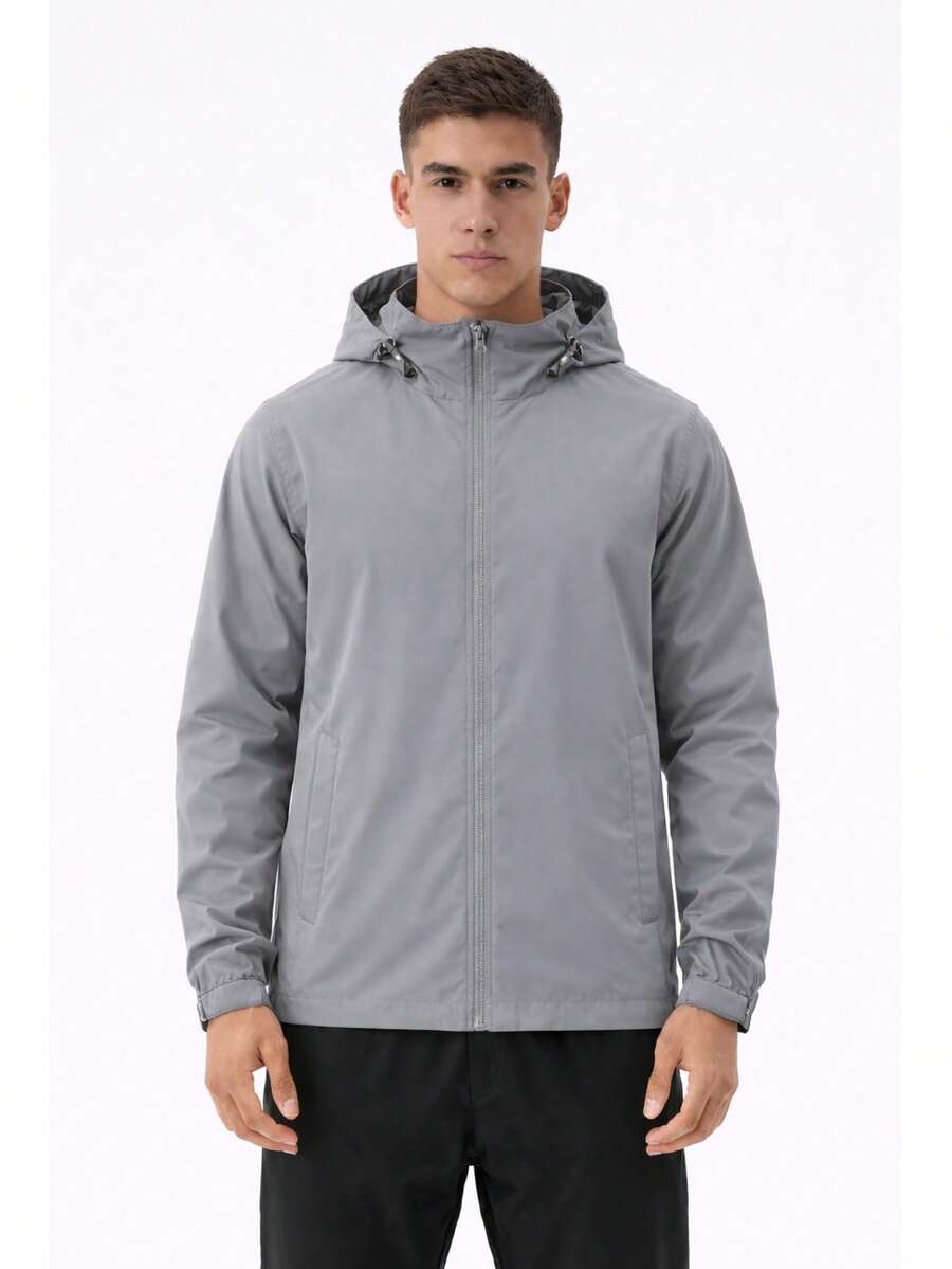 Men's Waterproof Windbreaker With Removable Hood, Sportswear For Gym Or Running - Light Grey - View 1