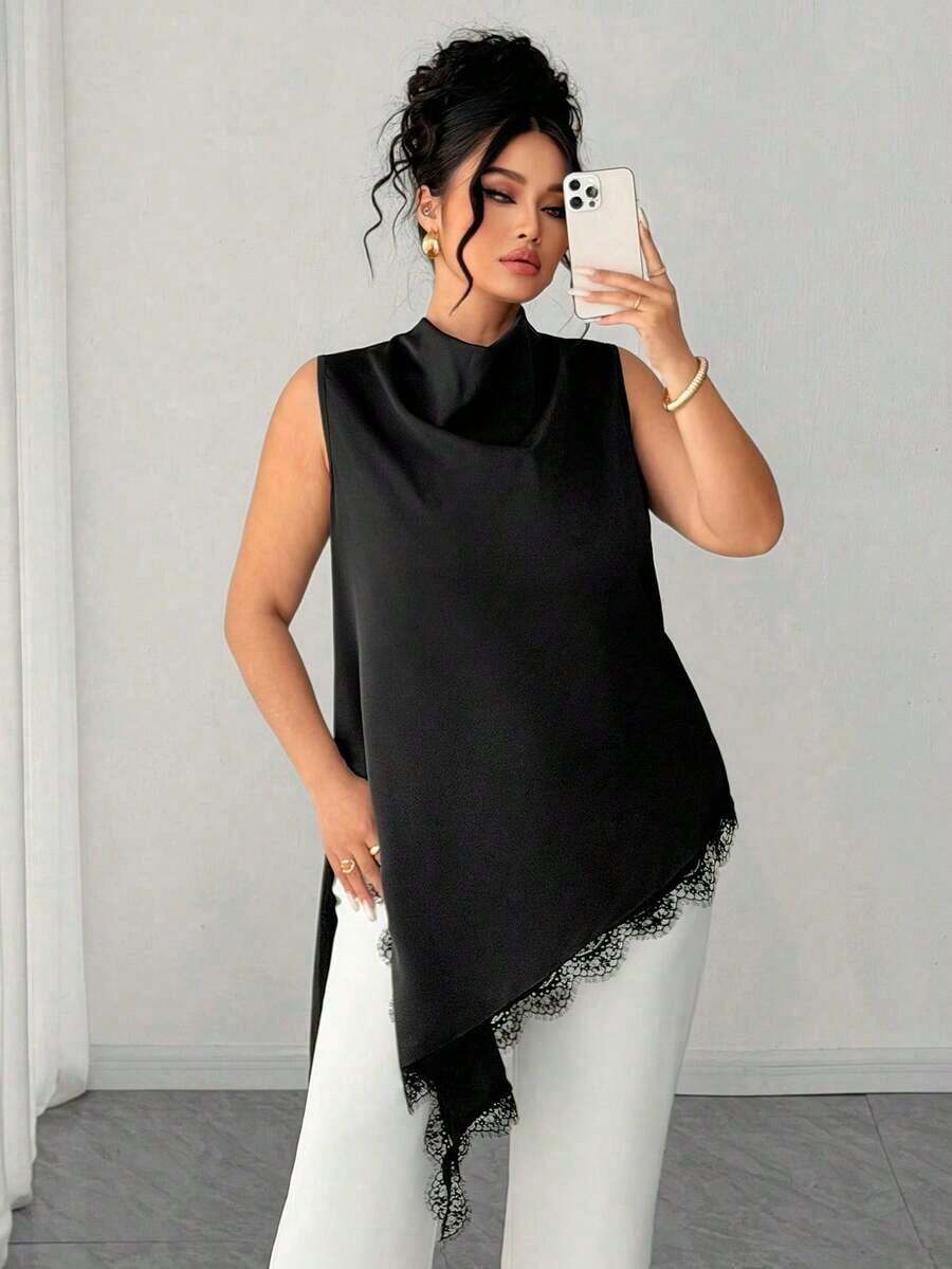 Blusa sin mangas con dobladillo de encaje para mujer de talla grande, elegante blusa larga de estilo vintage, versátil para el trabajo, graduación, vacaciones, San Valentín, festivales de música, Día de la Madre, Halloween, Acción de Gracias, Pascua, Día Nacional, bailes, citas, bodas, salidas, etc. - Negro - Ver 1