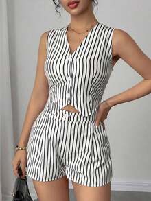 Conjunto de 2 piezas de chaleco y shorts casuales a rayas para mujer de verano - Blanco y Negro - Ver 5