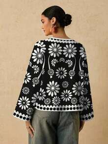 Camisa casual versátil de uso diario con estampado floral y nudo delantero para mujer de talla grande - Multicolor 6 - Ver 2