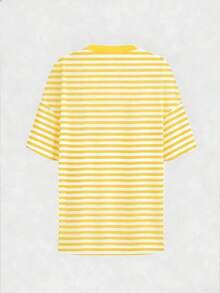 Camiseta de mujer de manga corta a rayas, diseño de cuello redondo suelto, lavable a máquina, adecuada para todas las estaciones, cómoda y linda, estilo retro. - Amarillo - Ver 2