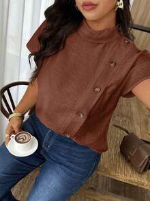 Weeklong Camisa suelta con botones y bordado de ojetes asimétrico, atuendo casual para diario/vacaciones, ropa de oficina - Color caoba - Ver 1