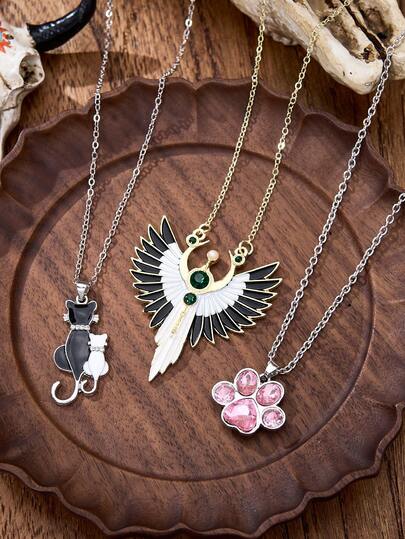 LUMIDIYA Vintage Gothic Crescent Moon Faux Emerald Locket Necklace Couple Black & White Cat Pendant Necklace Pink Cat Paw Charm Necklace Fashionable Choker Necklace For Girls Women's Necklace Set Gift