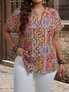 Camisa de manga corta con botones y estampado de estilo bohemio para mujer de talla grande, para primavera y verano - Multicolor 4 - Ver 5