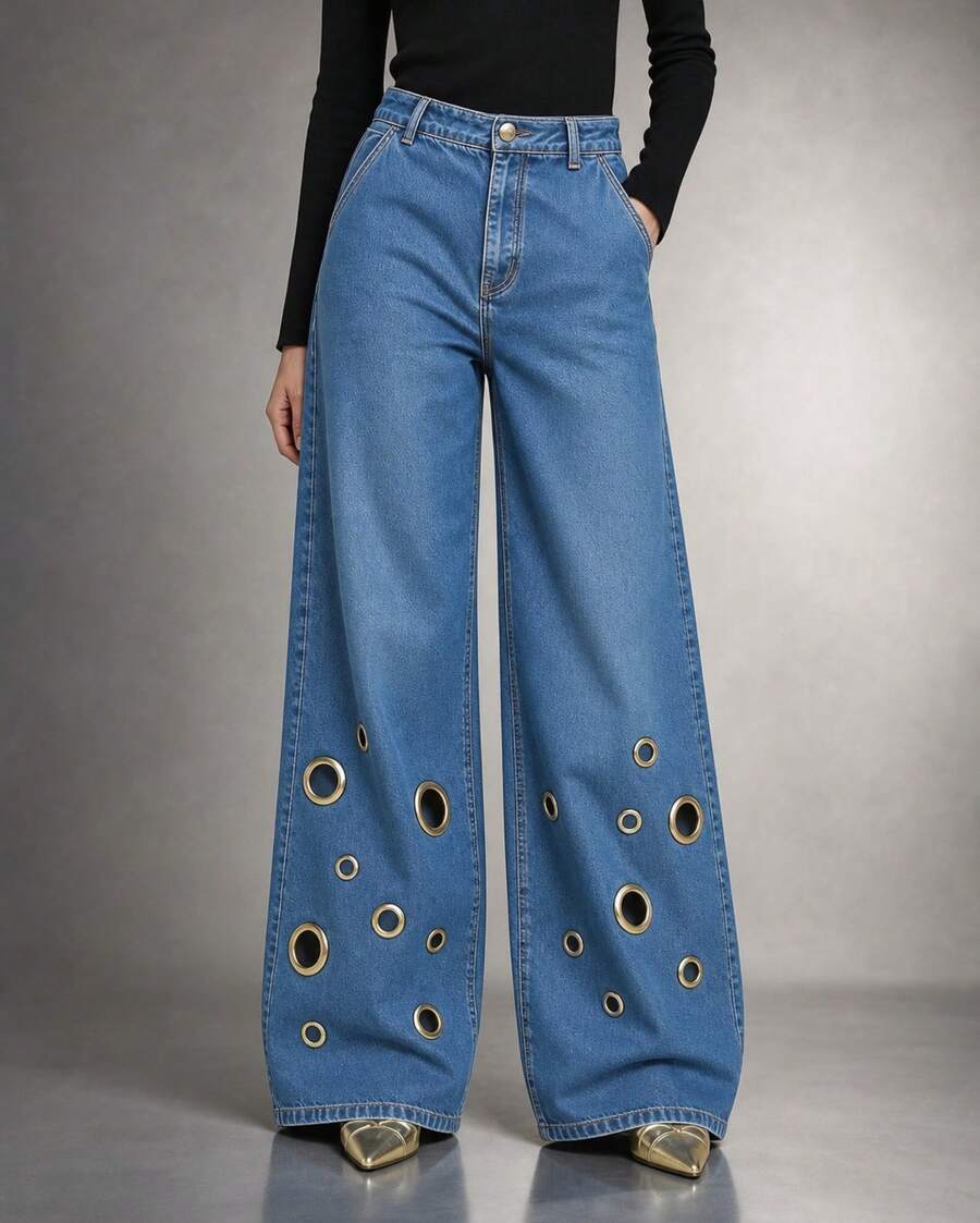European And American New Denim Jeans With Women's Metal Eyelets Design, Casual And Loose High Waisted Wide Leg Jeans - màu xanh nhạt - Xem 1
