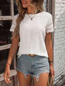 Blusa casual de cuello redondo de manga corta para mujer, con borde de encaje hueco y sencilla - Blanco - Ver 6