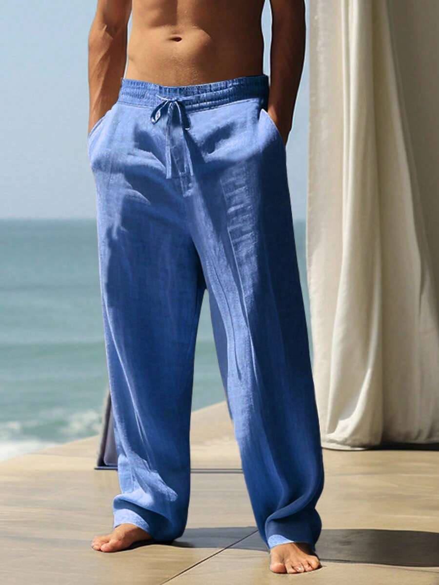 Celana Linen Ringan Warna Polos untuk Pria, Nyaman Dipakai, Cocok untuk Pantai, Liburan, dan Olahraga Kasual