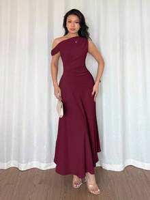 YHHElenzga Vestido de cóctel elegante de estilo francés bohemio y chic con detalles de volantes, cuello asimétrico y silueta de línea A en color verde macaron, ideal para vacaciones, días festivos, graduación, citasYHH - Rojo violeta - Ver 5