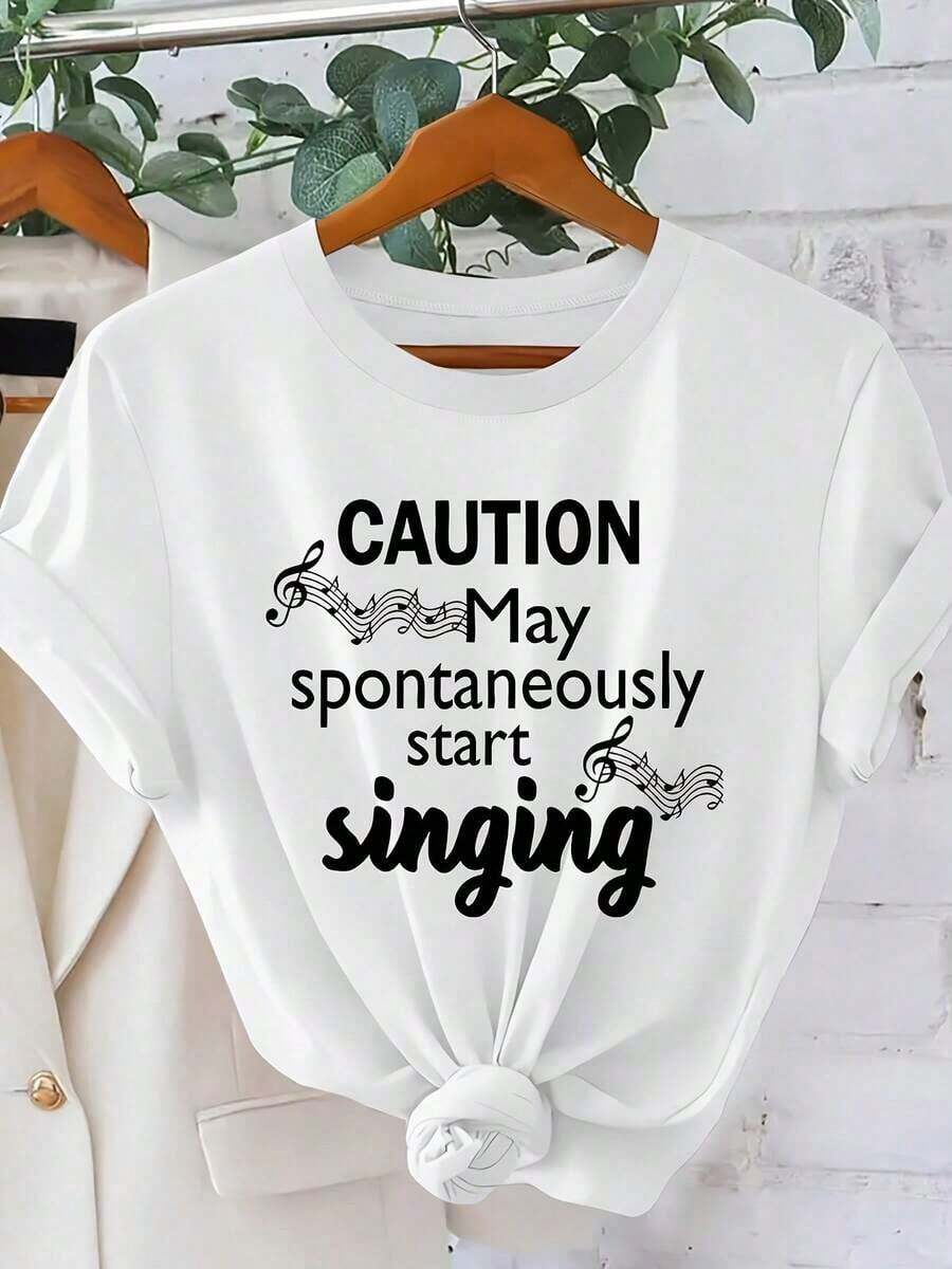 Funny Women's 100% Cotton T-Shirt With The Phrase "CAUTION, May Start Singing" - 1 Piece, Short Sleeve Blouse With Round Neck And Musical Warning Print, Loose Fit, Suitable For Concerts, Festivals And Casual Wear, Machine Washable, Spring/Summer Casual Wear. - 白色 - 查看 1