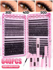 MEM 640pcs 8-16mm 30D-50D Cluster False Eyelashes, Soft & Lightweight DIY Lash Extension Kit With Glue, Tweezers, Brush, Suitable For Daily, Wedding, Halloween And Holiday Looks - Black - View 9