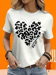 Camiseta de Mujer con Estampado de Leopardo y Corazón, Regalo para Fiesta, Estilo Casual, Manga Corta, Blanco y Negro, para Uso en Casa y al Aire Libre - Negro - Ver 5