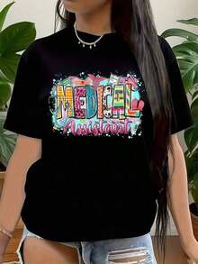 Casual Camiseta Gráficara Asistentes Médicos Parrofesionales Y Estudiantes De La Salud, Regalo Perfecto Para Trabajadores Médicos, Diseño Divertido Con Texto Colorido Y Elementos Decorativos, Idea Round Neck Printed Short Sleeve Casual Everyday T-Shirt, They Are Excellent Gifts For Friends And Family,100% Cotton T-Shirts Feature, A Youthful And Fashionable DesignFashion - Negro - Ver 1