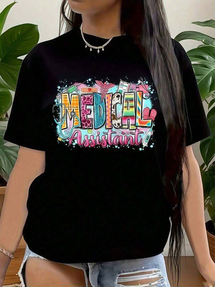 Casual Camiseta Gráficara Asistentes Médicos Parrofesionales Y Estudiantes De La Salud, Regalo Perfecto Para Trabajadores Médicos, Diseño Divertido Con Texto Colorido Y Elementos Decorativos, Idea Round Neck Printed Short Sleeve Casual Everyday T-Shirt, They Are Excellent Gifts For Friends And Family,100% Cotton T-Shirts Feature, A Youthful And Fashionable DesignFashion - Negro - Ver 1