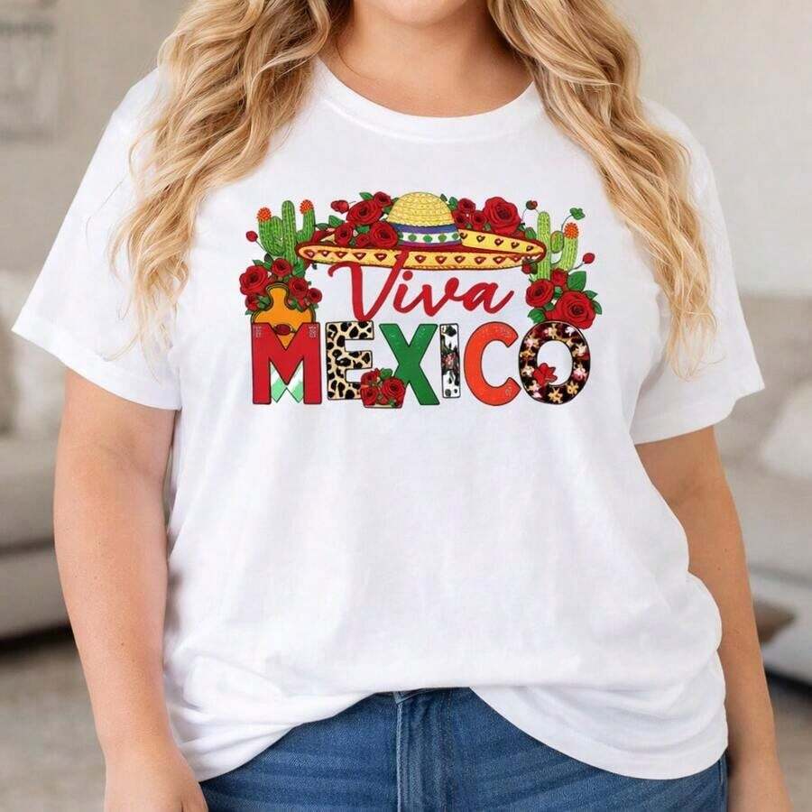 Women's Casual T-Shirt With Viva Mexico Graphic Print, Short Sleeve Cotton T-Shirt With Floral Hat And Cactus Print, Loose Fit, Summer Top For Mexican Fiesta, Fashion Clothing - 白色 - 查看 1