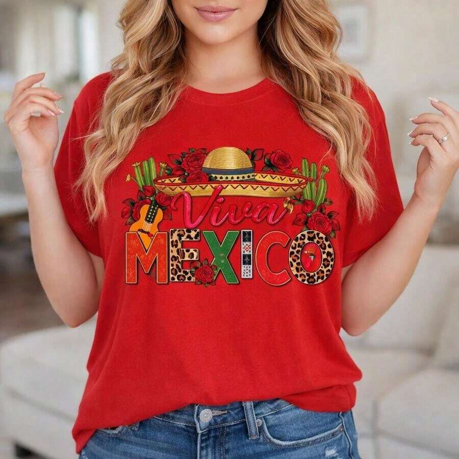 Women's Casual T-Shirt With Viva Mexico Graphic Print, Short Sleeve Cotton T-Shirt With Floral Hat And Cactus Print, Loose Fit, Summer Top For Mexican Fiesta, Fashion Clothing - 紅色 - 查看 1