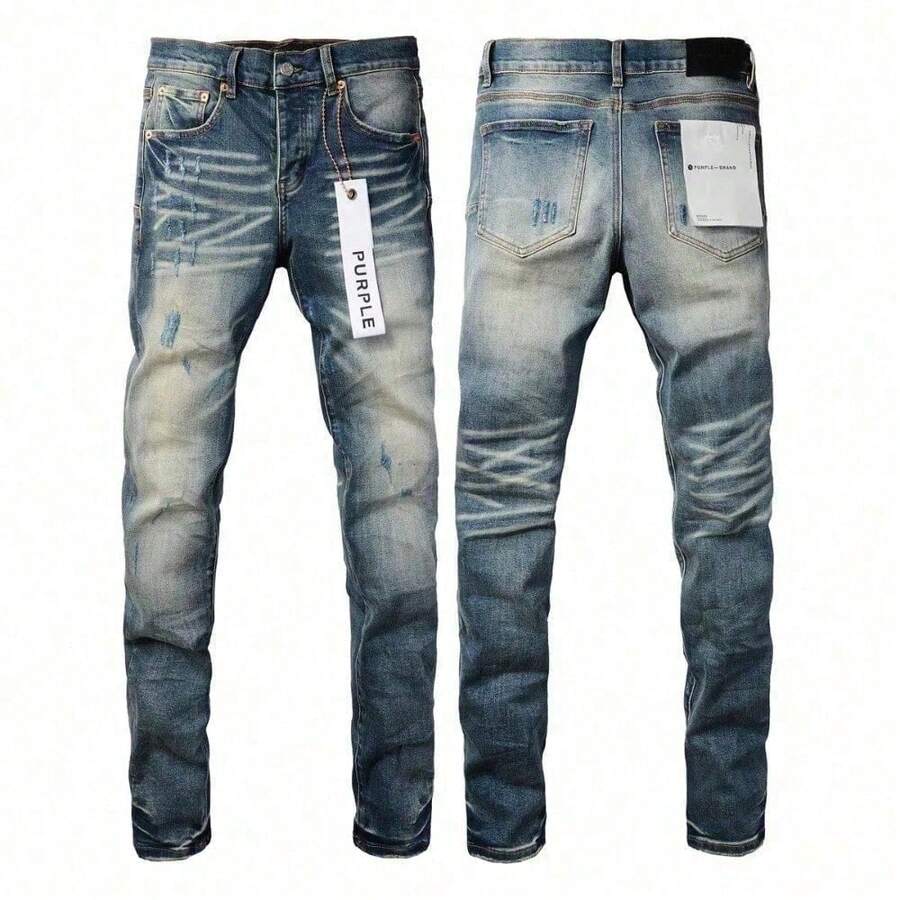 Men Purple Jeans Slim Fit Skinny Heavy Duty High Street Fashion Straight Leg Casual Pants  Versatile Minimalist - 藍色 - 查看 1