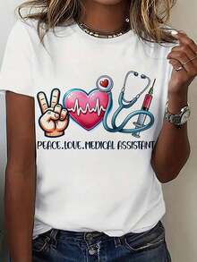 Regalo: 1 camiseta blanca para mujer con estampado de asistente médico "Peace Love", cuello redondo, camiseta casual de algodón, tejido de punto de elasticidad media, corte regular para damas, ideal para primavera/verano/otoño, suave. - Blanco - Ver 1