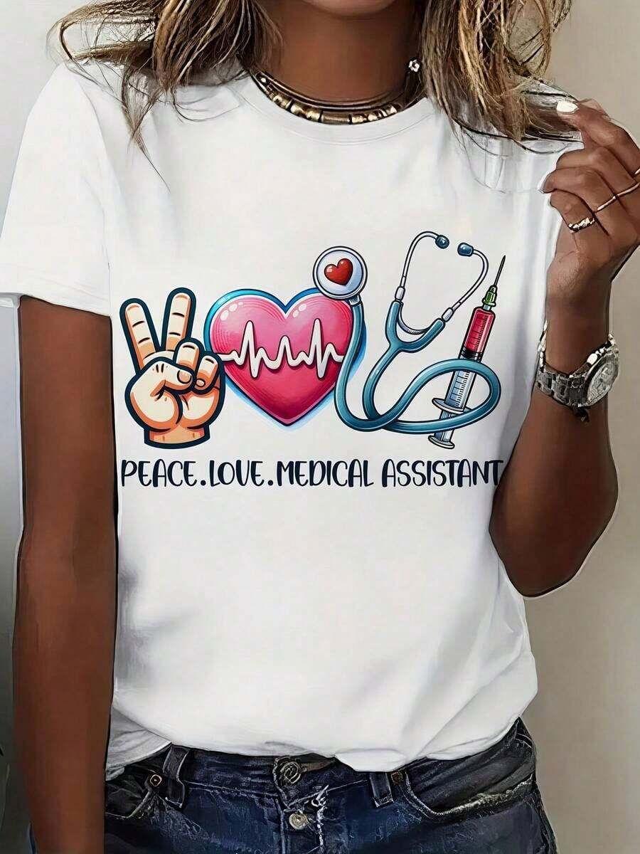 Regalo: 1 camiseta blanca para mujer con estampado de asistente médico "Peace Love", cuello redondo, camiseta casual de algodón, tejido de punto de elasticidad media, corte regular para damas, ideal para primavera/verano/otoño, suave. - Blanco - Ver 1