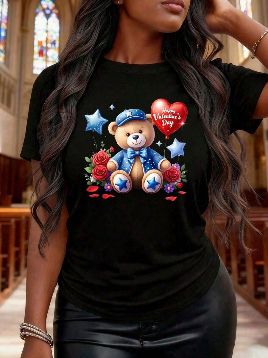 Camiseta negra con estampado divertido de oso de peluche, corazón, estrella y rosa, ideal para el Día de San Valentín, adecuada para regalos navideños - Estilo vintage urbano, unisex, de algodón, manga corta, cuello redondo, blusas para mujer. blusas.blusas casuales para dama.Impresión de osos cariñosos.Camiseta estampada Impresión de osos cariñosos. - Negro - Ver 1