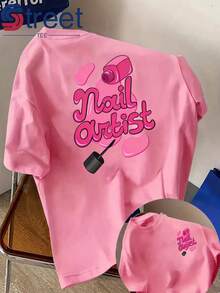 Women's Double-Sided Print Short Sleeve T-Shirt, Summer Casual Style, Round Neck, Fashion Print, Professional Style For Nail Artists, Pink Nail Polish Print, Loose And Slimming Fit, Nail Salon Workwear. - 杏色 - 查看 10