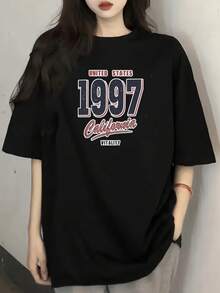 Camiseta de manga corta para mujer con estampado de moda, holgada, casual, combinable con todo, para verano. - Negro - Ver 12