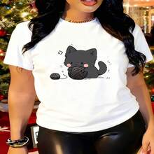 Women's Cute Kitten Graphic Print Short Sleeve Cotton T-Shirt, Casual Round Neck Top With High Stretch Fabric, Chic And Comfortable Everyday Wear - 白色 - 查看 1
